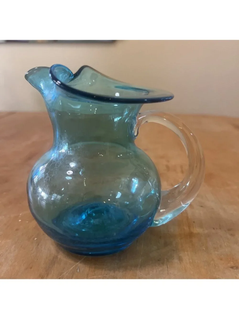Vintage Small Hand Blown Turquoise Blue Pitcher Vase 4.5” Clear Handle